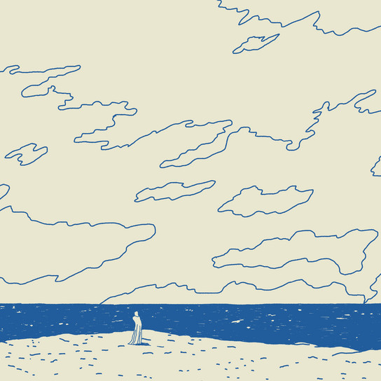 Eine minimalistische Illustration einer Strandszene mit einer einsamen Gestalt, die im Sand steht. Das Meer ist blau und der Himmel ist voller abstrakter, wolkenartiger Formen. Die Farbpalette ist insgesamt hell mit blauen Umrissen.