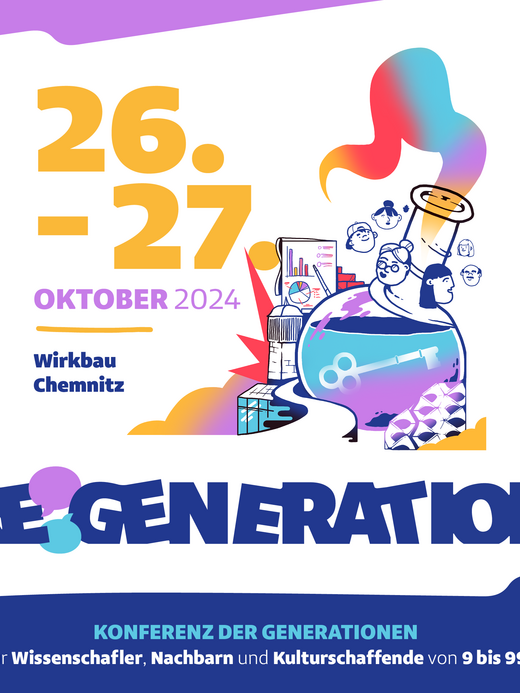 Farbenfrohes Konferenzplakat für „Regeneration“ in Chemnitz, 26.-27. Oktober 2024. Enthält wissenschaftliche und kulturelle Elemente, mit großem Text und abstrakten Formen. Enthält Erwähnung eines Publikums im Alter von 9 bis 99 Jahren.