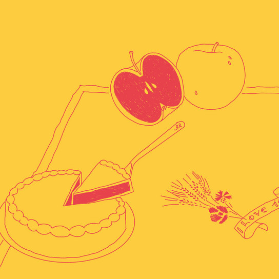 Illustration mit einem Kuchenstück auf einem Spatel, einem Apfel und einem halben Apfel darüber. Daneben sind ein Blumenstrauß und eine kleine Notiz mit der Aufschrift „Liebe“ und einem Herz abgebildet, alles auf gelbem Hintergrund.