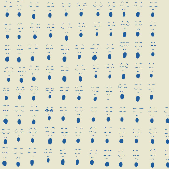 Ein Muster aus verschiedenen minimalistischen, blauen, abstrakten Gesichtern auf hellbeigem Hintergrund. Die Gesichter bestehen aus einfachen Formen wie Kreisen, Linien und Ovalen, die in einer gitterartigen Struktur über das Bild verteilt sind.