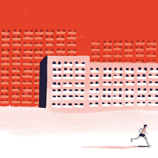Illustration einer Person, die vor hohen, rechteckigen Gebäuden mit zahlreichen Fenstern vor einem leuchtend orangefarbenen Himmel rennt. Die Szene hat einen minimalistischen und abstrakten Kunststil.