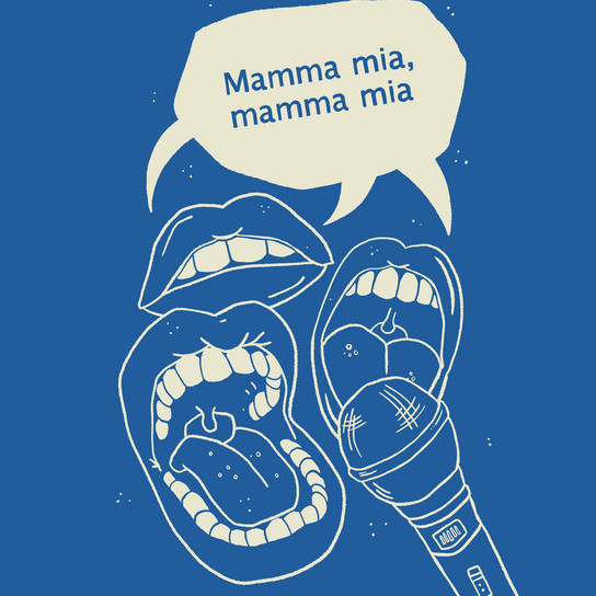 Illustration von drei singenden Comic-Mündern mit einem Mikrofon davor. Über ihnen steht in einer Sprechblase auf blauem Hintergrund „Mamma mia, mamma mia“.