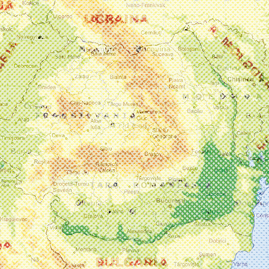Eine stilisierte topografische Karte von Rumänien, die verschiedene Städte, Gebirgszüge und Regionen in Grün-, Orange- und Gelbtönen zeigt. Städte wie Cluj-Napoca, Constanța und Bukarest sind beschriftet.